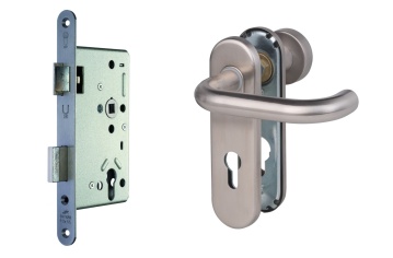 Panikové kování -sada pro dveře se štítkem, klika/koule + zámek